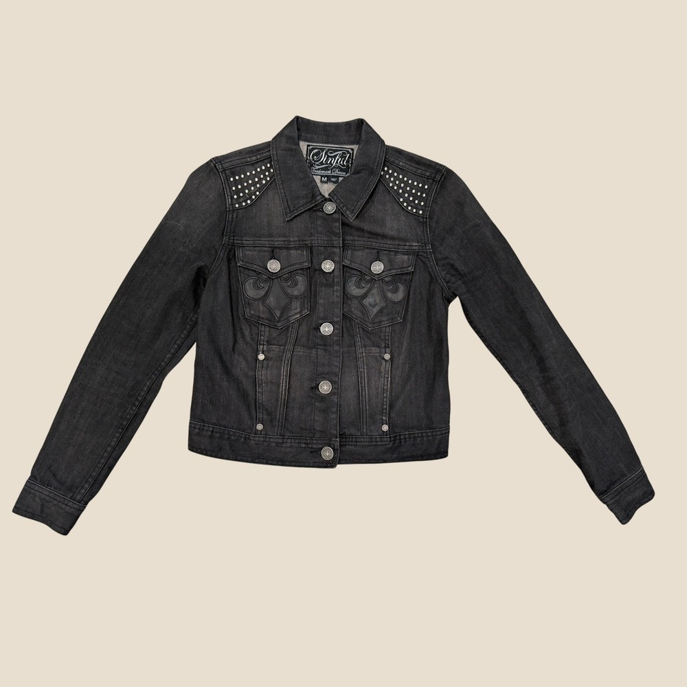 Sinful by Affliction Black Denim Jacket Studded Wings Gothic Y2K Medium S1180